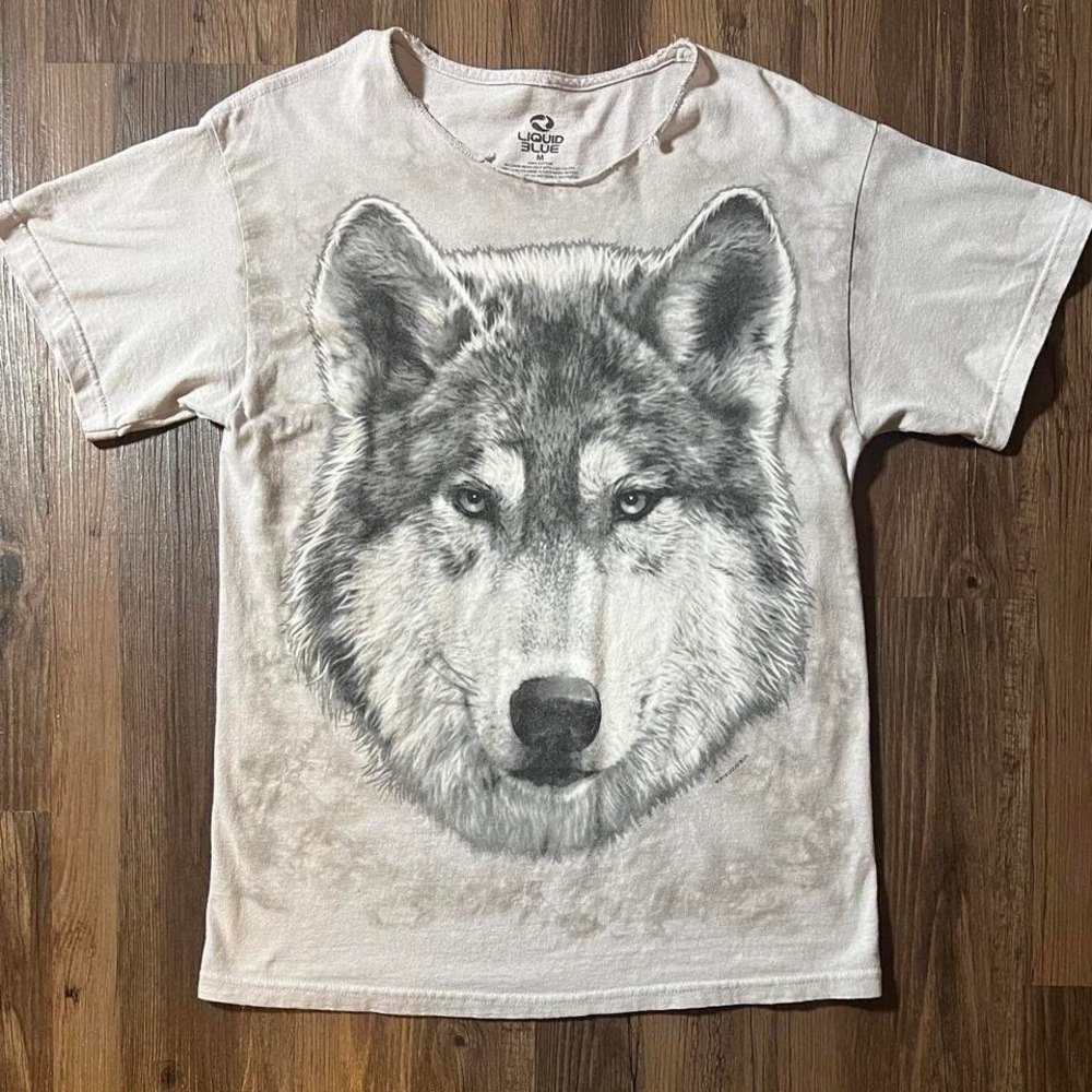Liquid Blue‎ Wolf Graphic T-Shirt Animal Print Tee Crew Neck Top